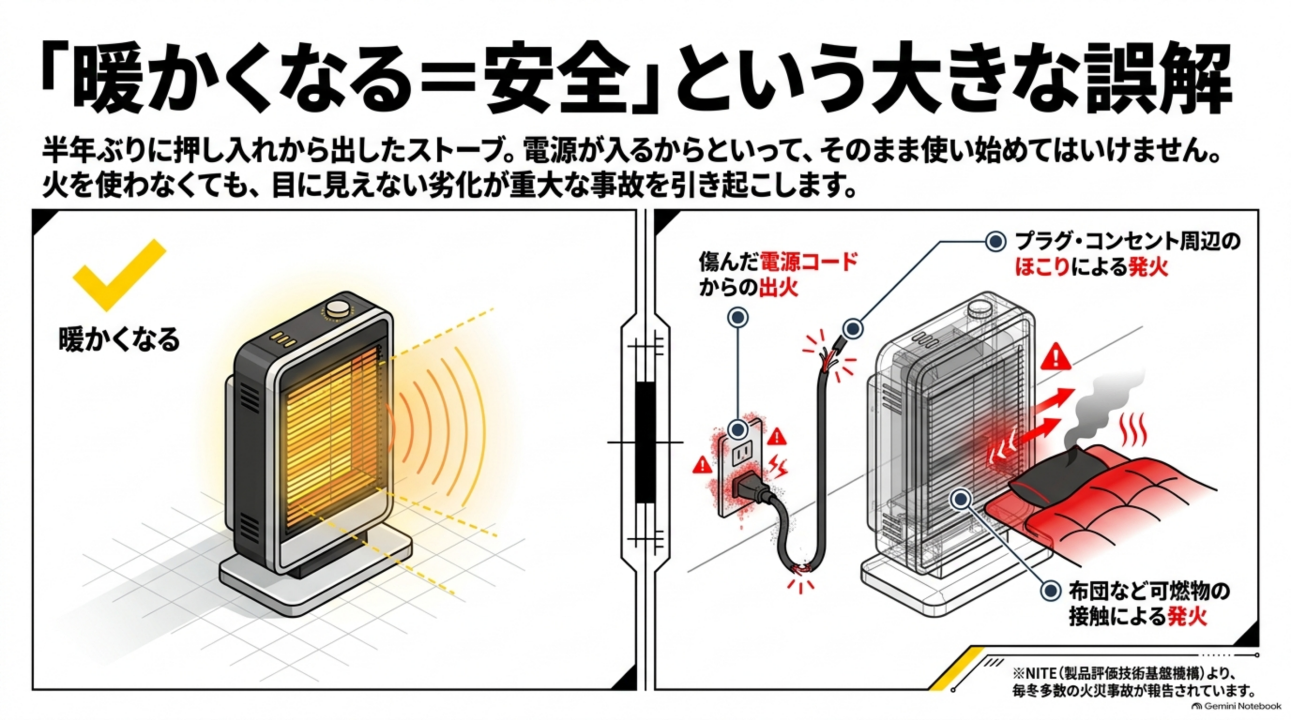 炎がなくても電気ストーブで起こる火災の主な原因