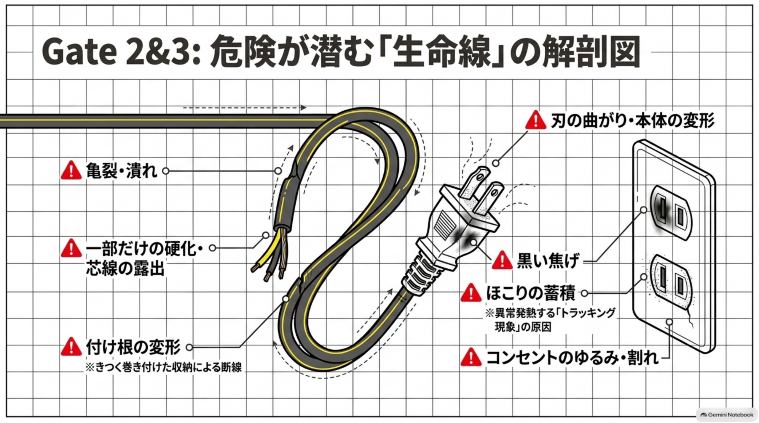 電源コードの亀裂・潰れ・付け根の変形を確認する