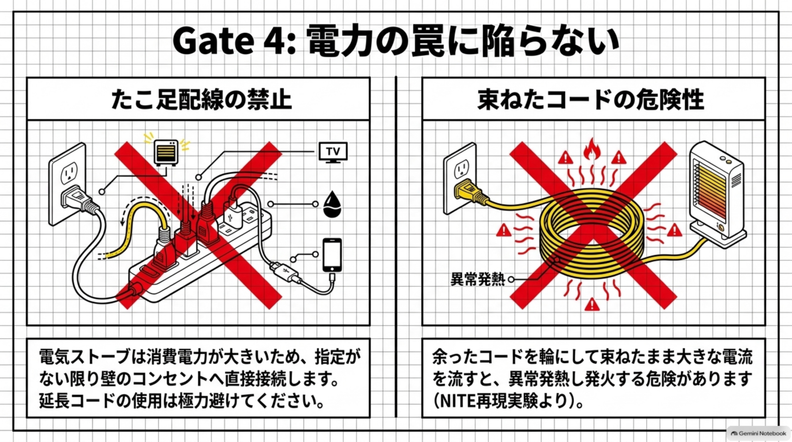 プラグの刃の変形・焦げ・ほこりとコンセントの変色を確認する