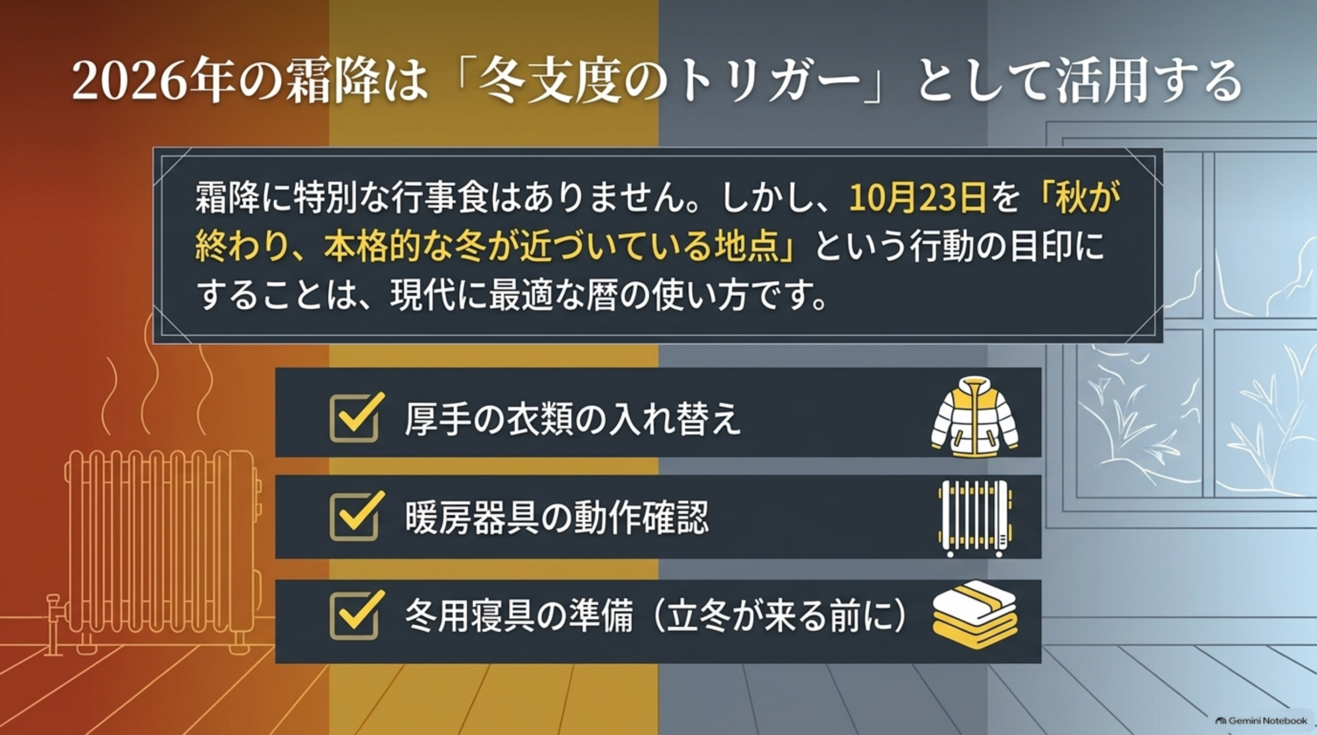 2026年の霜降は「冬支度のきっかけ」として活用する。霜降に特別な行事食はありません。しかし10月23日を「秋が終わり、本格的な冬が近づいている地点」という行動の目印にすることは、現代に合った暦の使い方です。厚手の衣類の入れ替え、暖房器具の動作確認、冬用寝具の準備（立冬が来る前に）