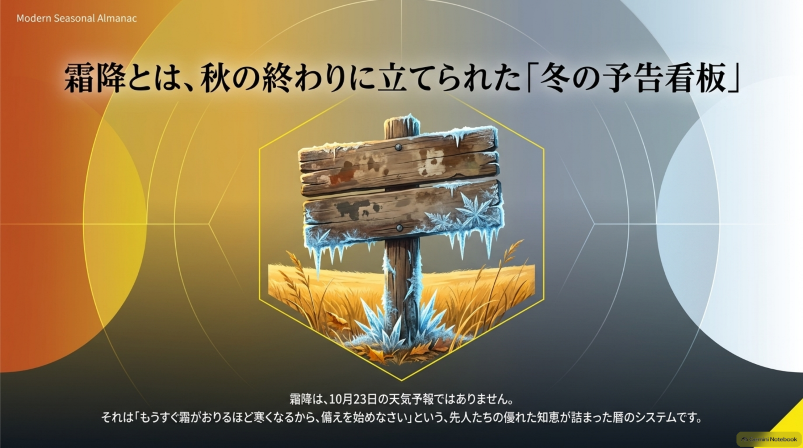 霜降とは、秋の終わりに立てられた「冬の予告看板」。霜降は10月23日の天気予報ではありません。もうすぐ霜がおりるほど寒くなるから備えを始めなさいという、暦の目印です