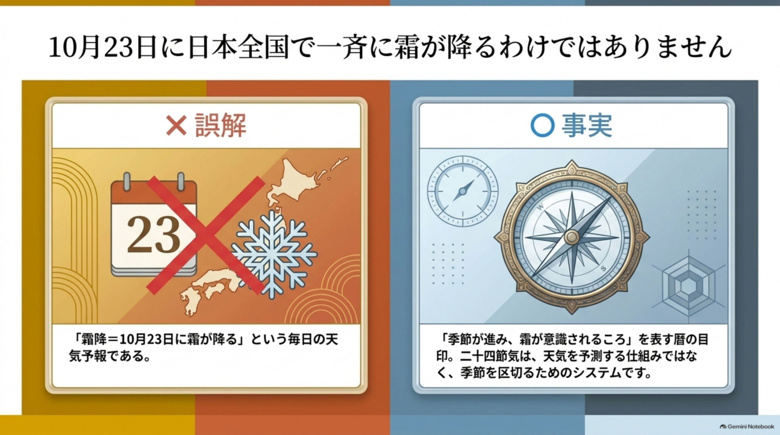 10月23日に日本全国で一斉に霜が降るわけではありません。誤解：「霜降＝10月23日に霜が降る」という毎日の天気予報である。事実：「季節が進み、霜が意識されるころ」を表す暦の目印。二十四節気は天気を予測する仕組みではなく、季節を区切るためのシステム