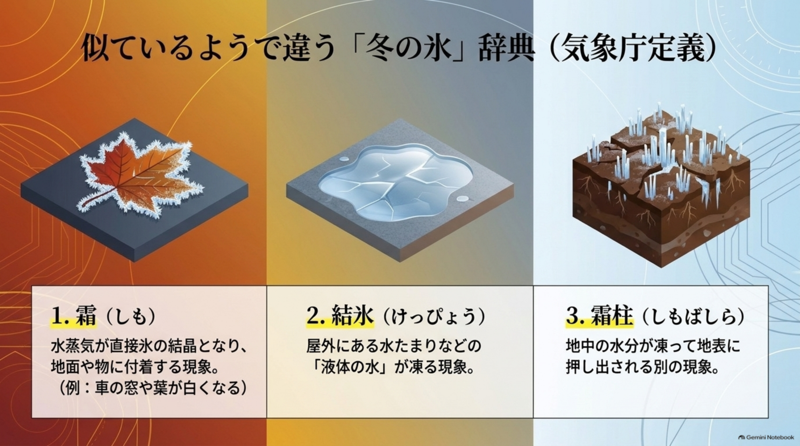 似ているようで違う「冬の氷」辞典（気象庁定義）。1.霜（しも）：水蒸気が直接氷の結晶となり、地面や物に付着する現象（例：車の窓や葉が白くなる）。2.結氷（けっぴょう）：屋外にある水たまりなどの液体の水が凍る現象。3.霜柱（しもばしら）：地中の水分が凍って地表に押し出される別の現象