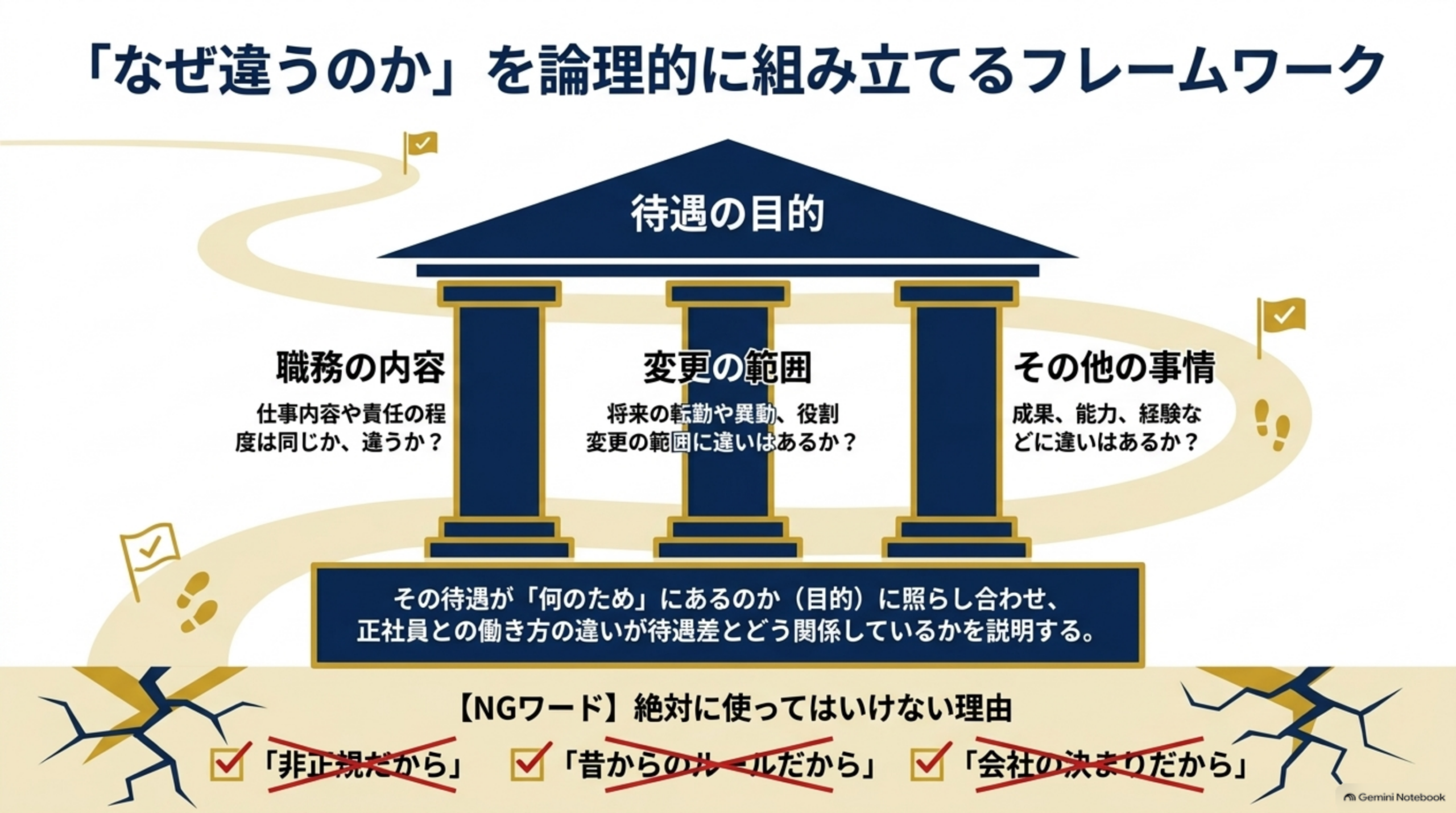 「なぜ違うのか」を組み立てる枠組み。待遇の目的に照らして、職務の内容（仕事内容や責任の程度は同じか）、変更の範囲（将来の転勤や異動、役割変更の範囲に違いはあるか）、その他の事情（成果、能力、経験などに違いはあるか）の3つから説明する。使ってはいけない理由：「非正規だから」「昔からのルールだから」「会社の決まりだから」