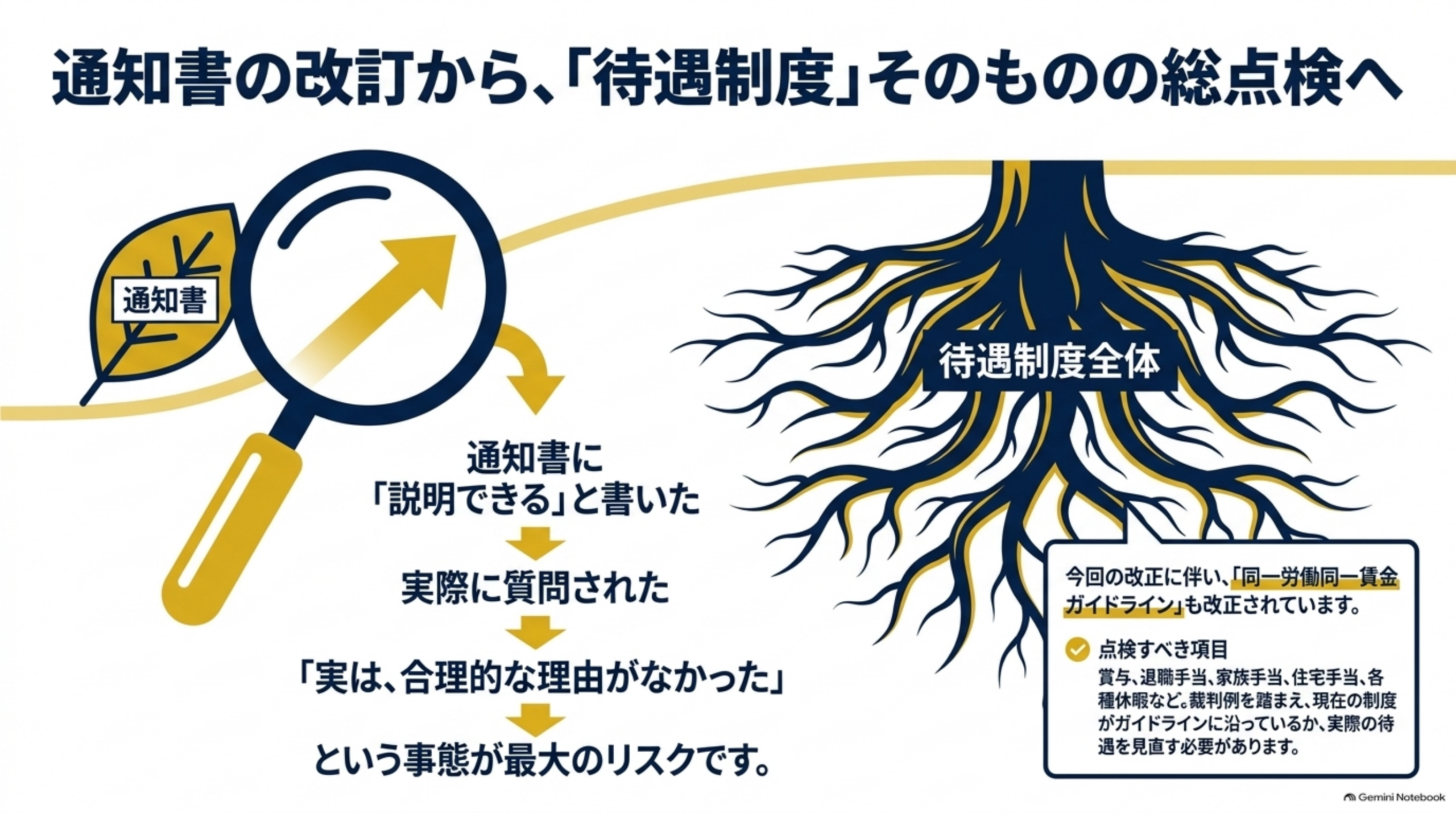 通知書の改訂から、待遇制度そのものの点検へ。通知書に「説明できる」と書いた、実際に質問された、合理的な理由を整理していなかった、という事態を避ける。今回の改正に伴い同一労働同一賃金ガイドラインも改正されている。点検する項目：賞与、退職手当、家族手当、住宅手当、各種休暇など。現在の制度がガイドラインに沿っているか確認する