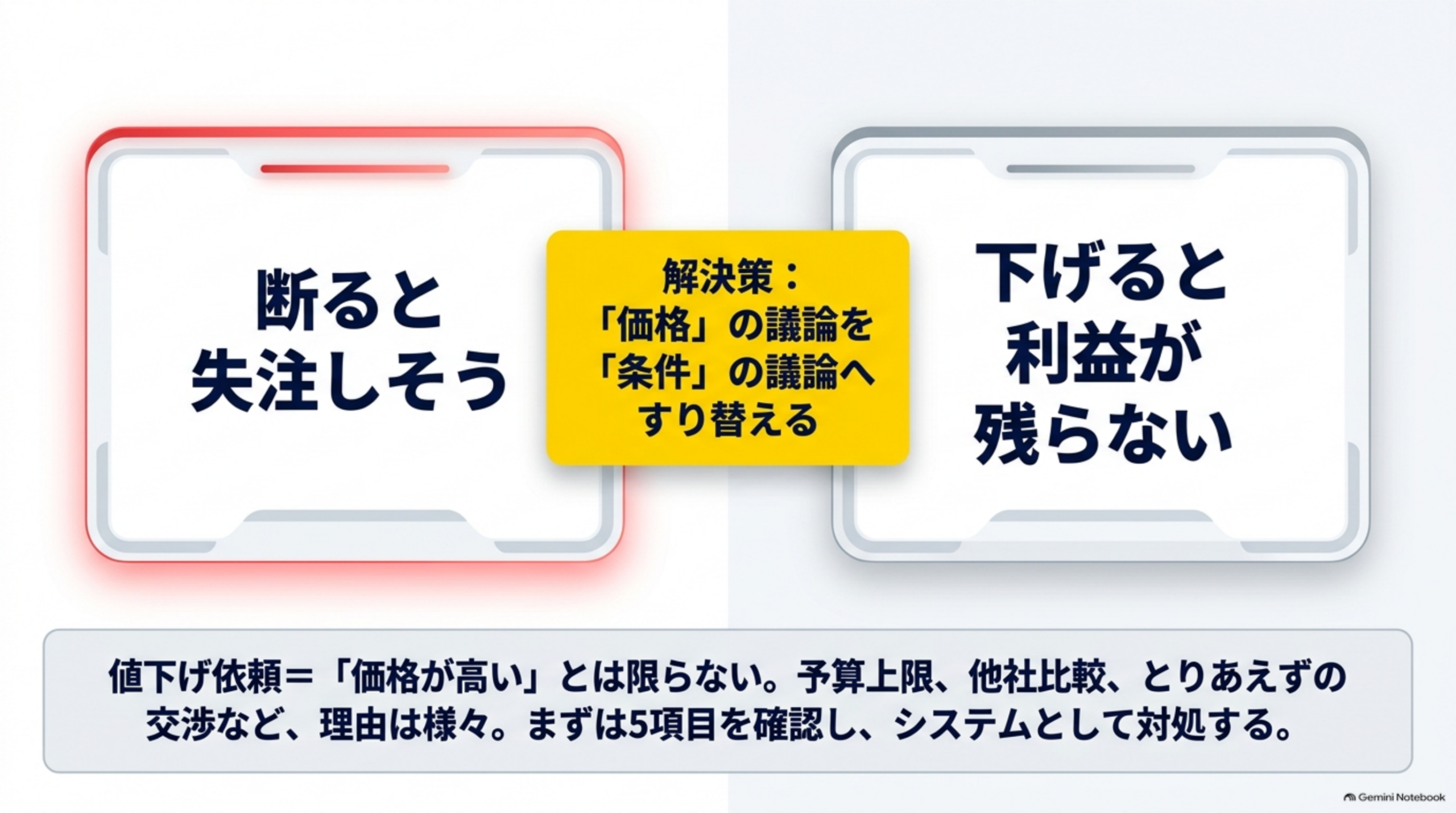 断ると失注しそう 下げると利益が残らない 価格の議論を条件の議論へすり替える